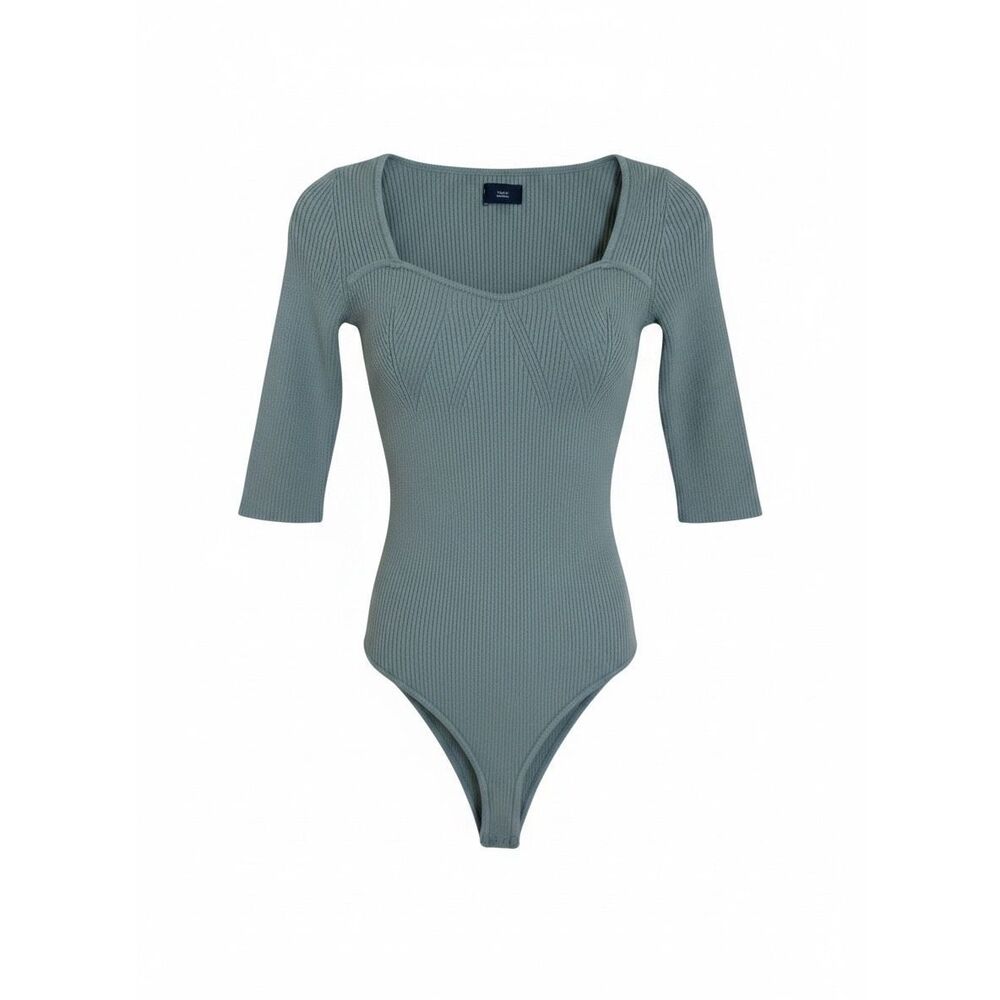 GAP Women's Ribbed Bodysuit Size XS Light Teal Sage Green Square Neck Snap Closu